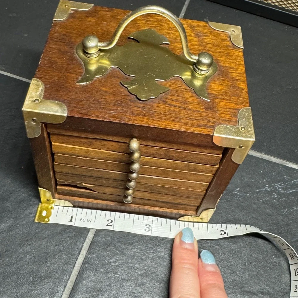 Vintage Wood Brass Campaign Style Coaster Set 8 Piece Miniature Trunk Chest MCM
